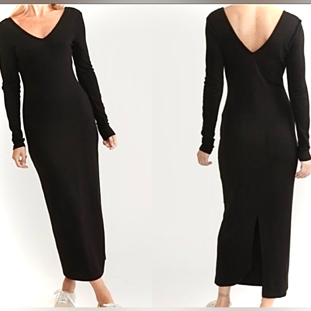 MARINE LAYER BLACK LONG SLEEVE RIBBED LEXI V NECK MIDI DRESS SIZE SMALL